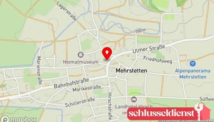 Karte von Gemeinde Mehrstetten Rathaus, Sport, Sportanlage in Mehrstetten