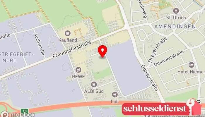 Karte von Metallbau Müller GmbH & Co.KG Wintergartenbauer, Aluminiumanbieter, Aluminiumfenster, Markisenanbieter, Terrassenbauer, Schlüsselduplikationsdienst, Metallbauunternehmen, Anbieter von Sonnenschutz, Fensteranbieter in Memmingen