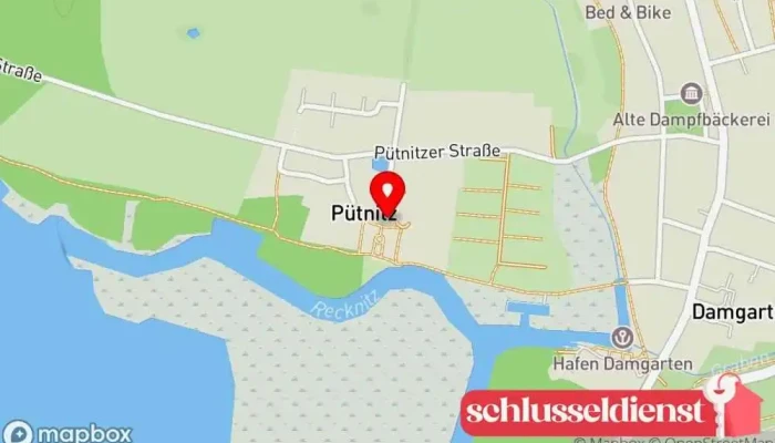 Karte von Schloss Pütnitz Ferienhaus, Hotel, Veranstaltungsort für Livemusik, Ferienwohnung, Hochzeitsservice, Hochzeitsräumlichkeit in Ribnitz-Damgarten