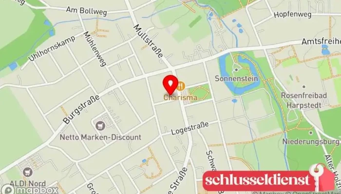 Karte von SCHLÜSSEL SERVICE HARPSTEDT 24/7 NOTÖFFNUNGEN ALARMANLAGEN EINBRUCHSCHUTZ Schlüsseldienst, Graveur, Stempelgeschäft, Schleifdienst, Schuhreparatur-Geschäft, Uhrengeschäft in Harpstedt
