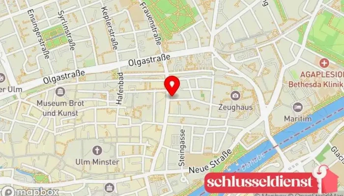 Karte von Schlüssel-Waack GmbH Schlüsseldienst, Allround-Handwerker, Tresor- und Geldschrankhändler, Sicherheitsdienst in Ulm