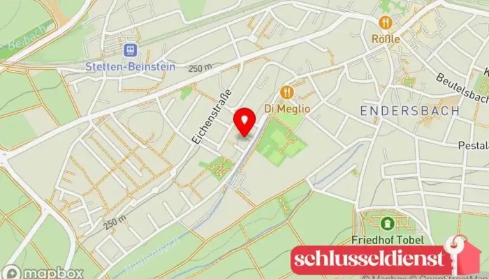 Karte von SICHERHEITSTECHNIK RUBENBAUER Sicherheitstechnikfachgeschäft, Türfachhandel, Garagentoranbieter, Schlüsseldienst, Fensteranbieter in Weinstadt